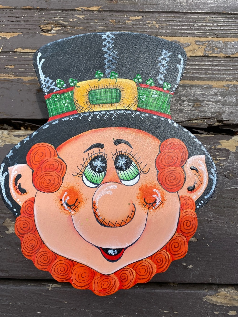 Whimsical Hand-Painted Leprechaun Face Cookie Jar Lid Black Hat, Orange Hair